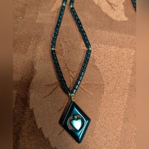 Hematite Necklace Diamond Shaped W/ Heart Center Black W/ Intermittent Beading